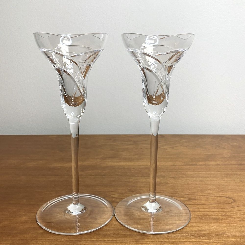 Rogaska Maestro Pattern Lead Crystal Candlestick Pair - 8”